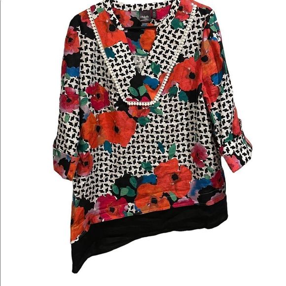 Rafaella Linen Watercolor Floral Geometric Roll Sleeve Asymmetric Lagenlook Top - Picture 1 of 5
